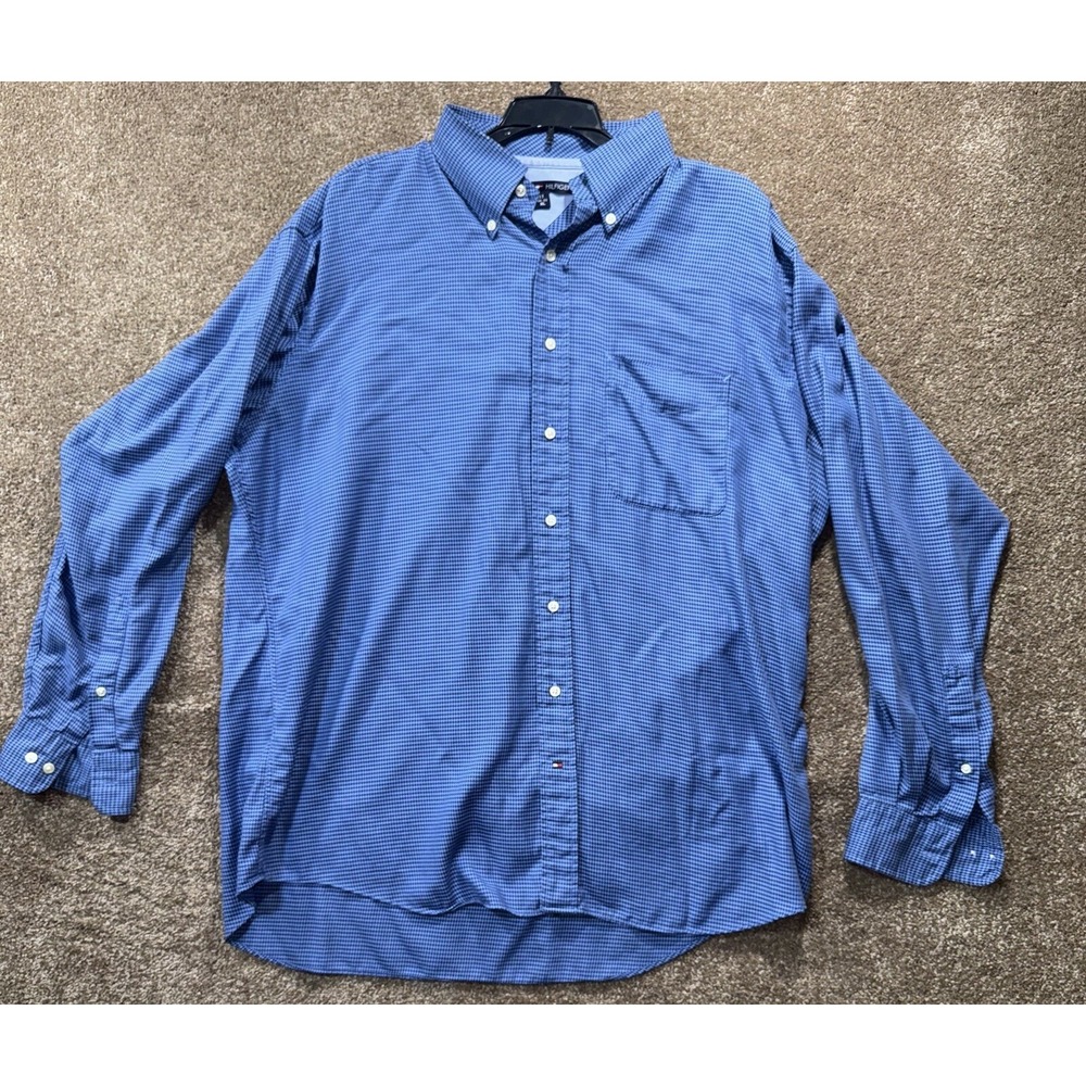 Tommy Hilfiger Mens Shirt- 17 34/35 Long Sleeve Button Up Houndstooth Blue